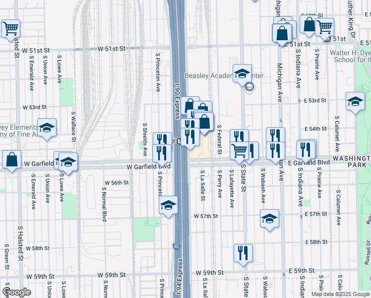 map of restaurants, bars, coffee shops, grocery stores, and more near Dan Ryan Expressway in Chicago
