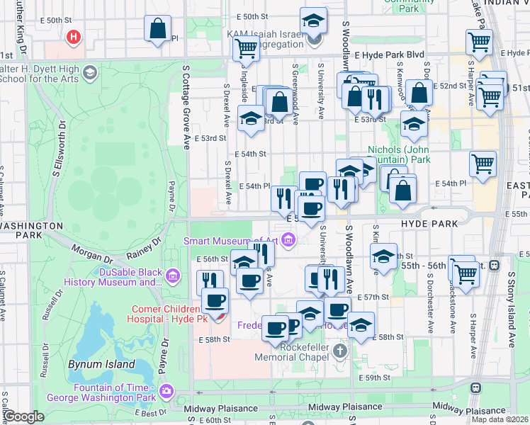 map of restaurants, bars, coffee shops, grocery stores, and more near 5448 South Ellis Avenue in Chicago