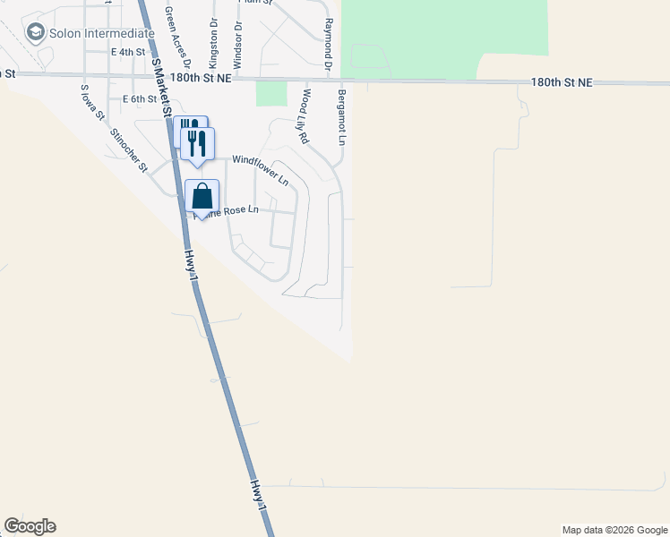 map of restaurants, bars, coffee shops, grocery stores, and more near 1007 Wood Lily Road in Solon