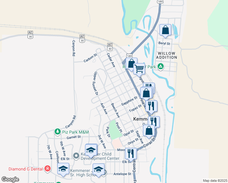 map of restaurants, bars, coffee shops, grocery stores, and more near 509 Pearl Street in Kemmerer