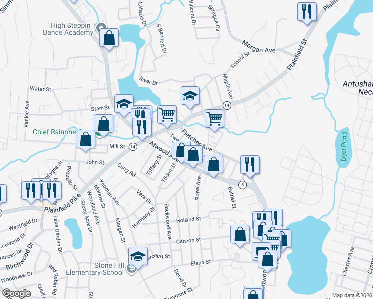 map of restaurants, bars, coffee shops, grocery stores, and more near 44 Tweed Street in Cranston