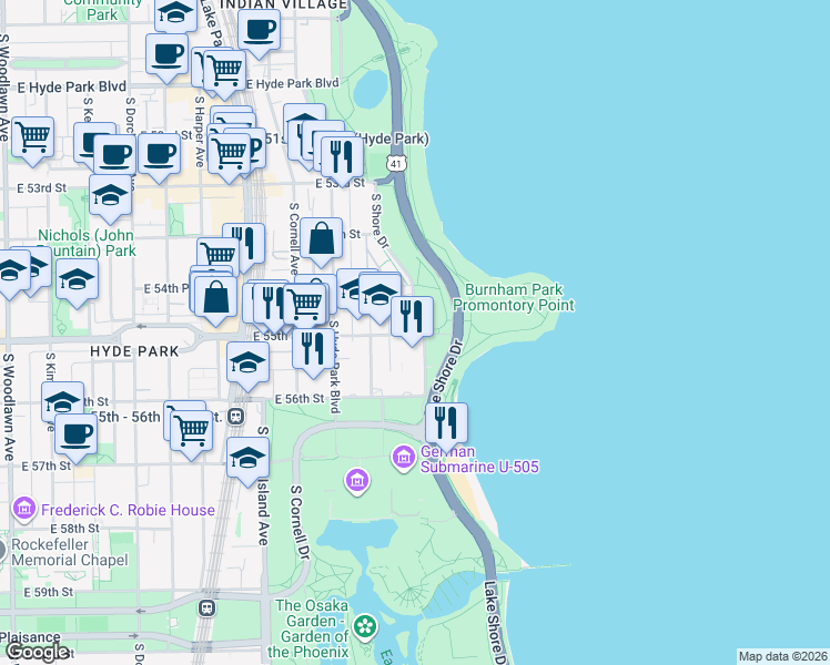 map of restaurants, bars, coffee shops, grocery stores, and more near 5350 South Shore Drive in Chicago