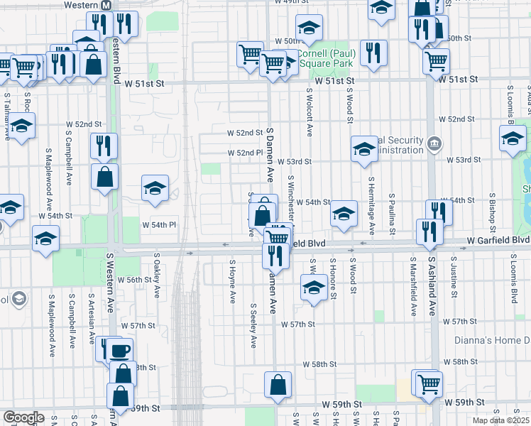 map of restaurants, bars, coffee shops, grocery stores, and more near 5355 South Seeley Avenue in Chicago
