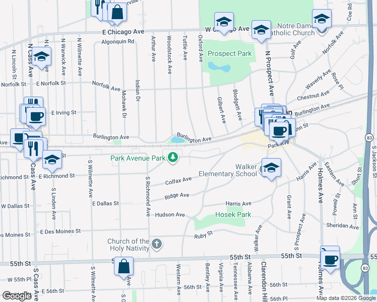 map of restaurants, bars, coffee shops, grocery stores, and more near 755 Burlington Avenue in Clarendon Hills