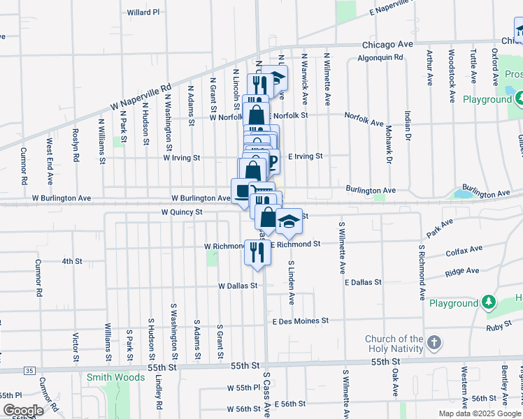 map of restaurants, bars, coffee shops, grocery stores, and more near in Westmont
