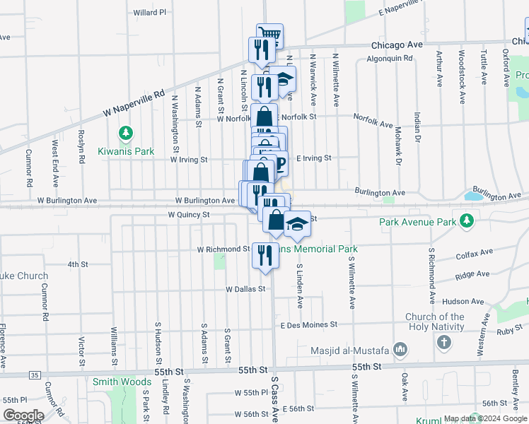 map of restaurants, bars, coffee shops, grocery stores, and more near in Westmont