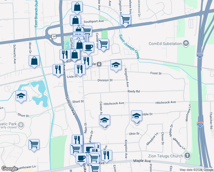 map of restaurants, bars, coffee shops, grocery stores, and more near 930 Division Street in Lisle