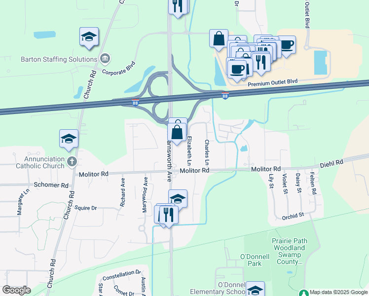 map of restaurants, bars, coffee shops, grocery stores, and more near 1905 North Farnsworth Avenue in Aurora