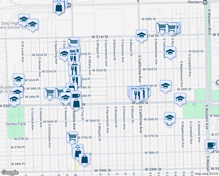 map of restaurants, bars, coffee shops, grocery stores, and more near 3003 West 53rd Place in Chicago