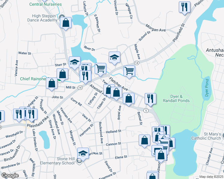 map of restaurants, bars, coffee shops, grocery stores, and more near 65 Tweed Street in Cranston