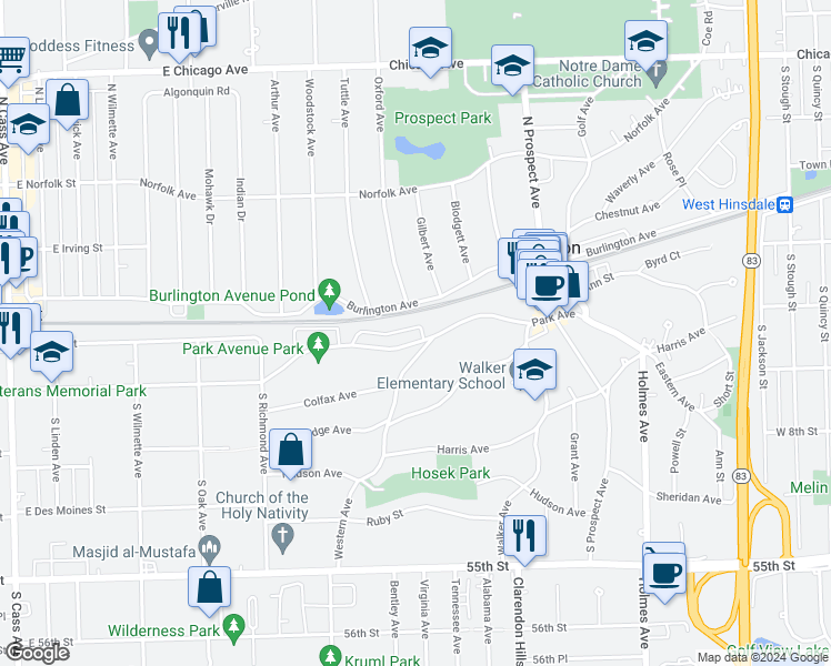 map of restaurants, bars, coffee shops, grocery stores, and more near 404 Park Avenue in Clarendon Hills