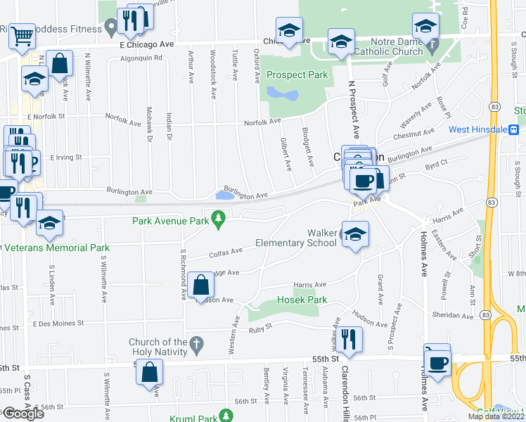 map of restaurants, bars, coffee shops, grocery stores, and more near 2 Oxford Avenue in Clarendon Hills