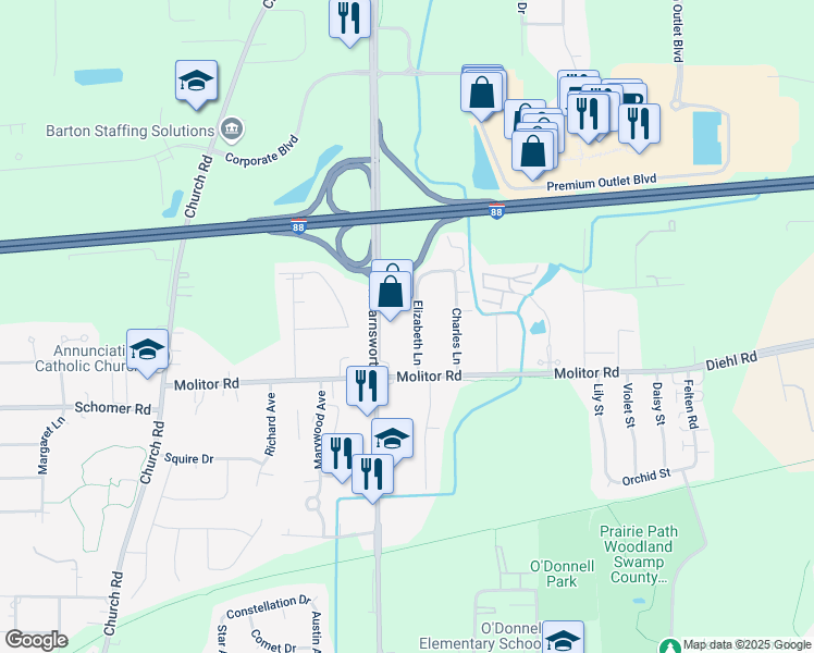 map of restaurants, bars, coffee shops, grocery stores, and more near 1905 North Farnsworth Avenue in Aurora