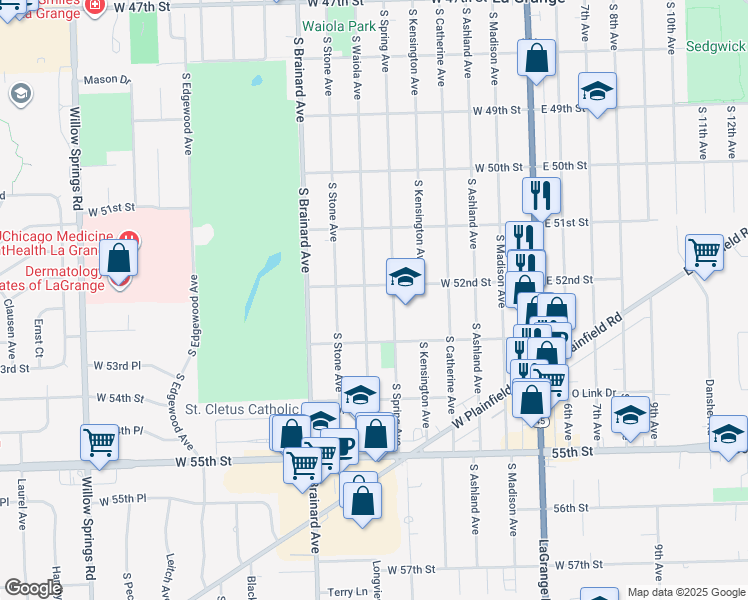 map of restaurants, bars, coffee shops, grocery stores, and more near 1011 South Waiola Avenue in La Grange