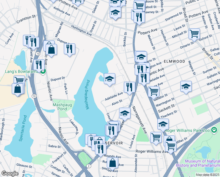 map of restaurants, bars, coffee shops, grocery stores, and more near 375 Adelaide Avenue in Providence