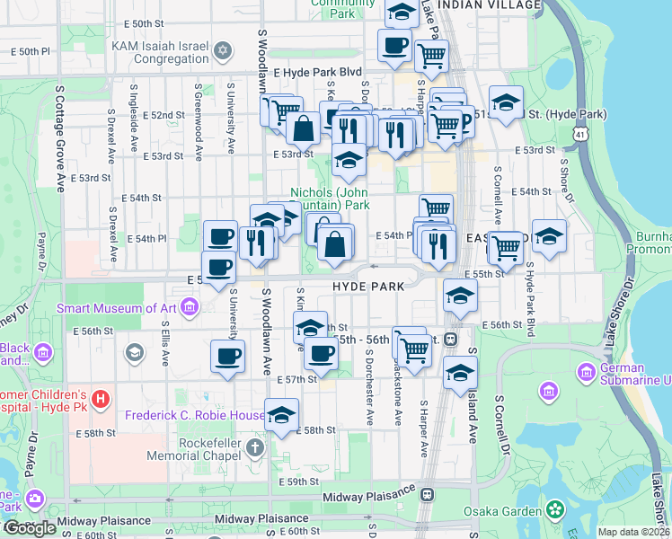 map of restaurants, bars, coffee shops, grocery stores, and more near 1342 East 55th Street in Chicago
