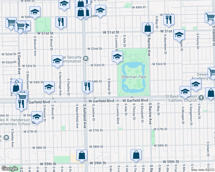 map of restaurants, bars, coffee shops, grocery stores, and more near 5416 South Bishop Street in Chicago