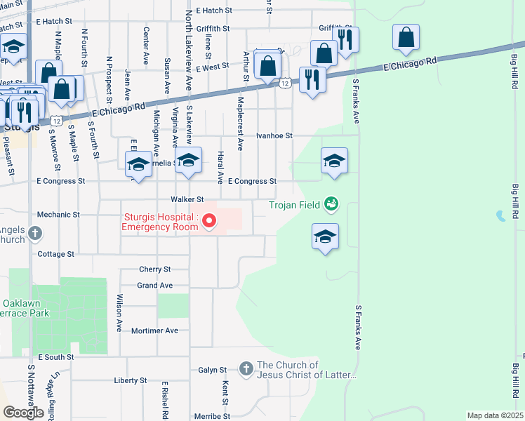 map of restaurants, bars, coffee shops, grocery stores, and more near 68990 Farwell Avenue in Sturgis
