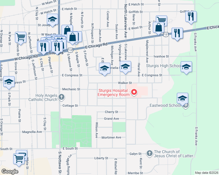 map of restaurants, bars, coffee shops, grocery stores, and more near 516 Walker Street in Sturgis
