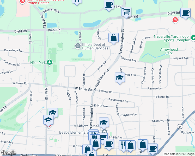 map of restaurants, bars, coffee shops, grocery stores, and more near 10 Pima Court in Naperville