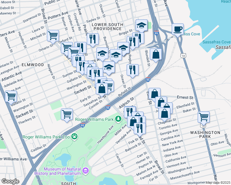 map of restaurants, bars, coffee shops, grocery stores, and more near 201 Pavilion Avenue in Providence