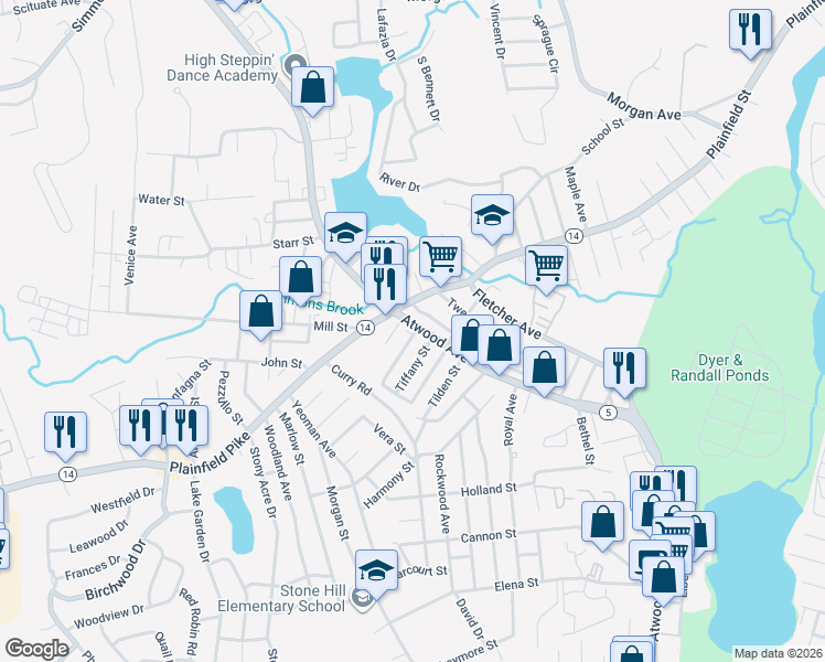 map of restaurants, bars, coffee shops, grocery stores, and more near 1418 Plainfield Street in Cranston