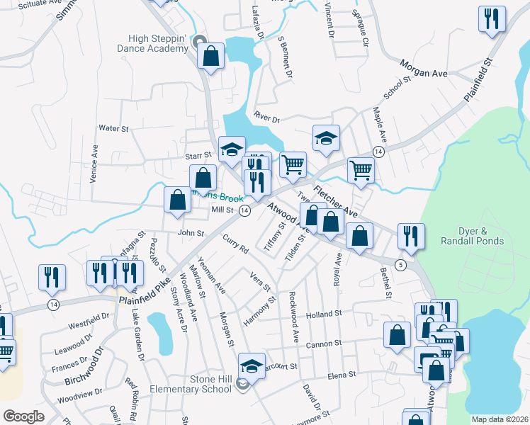 map of restaurants, bars, coffee shops, grocery stores, and more near 1418 Plainfield Street in Cranston