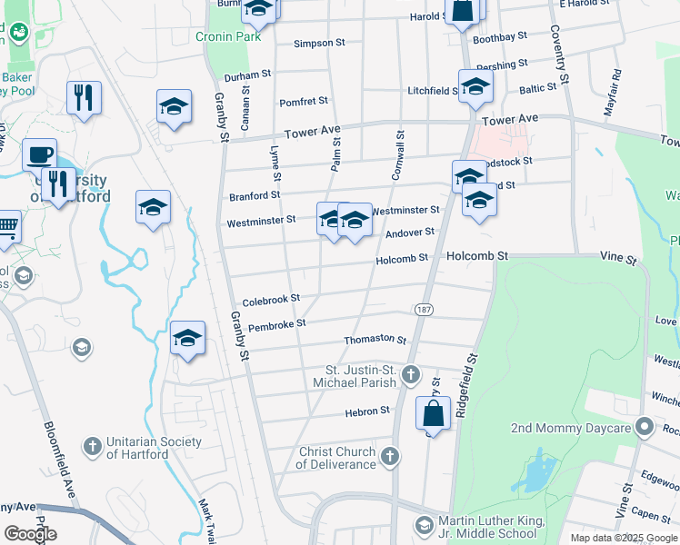map of restaurants, bars, coffee shops, grocery stores, and more near 260 Holcomb Street in Hartford