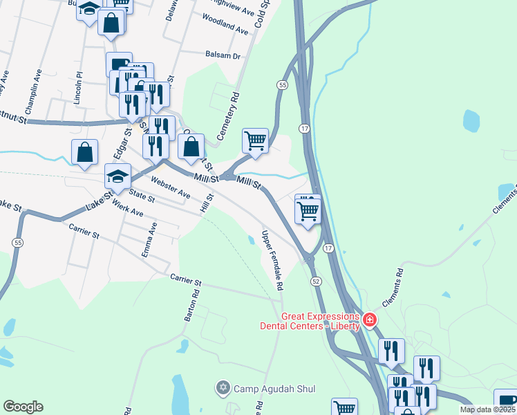 map of restaurants, bars, coffee shops, grocery stores, and more near 279 Mill in Liberty