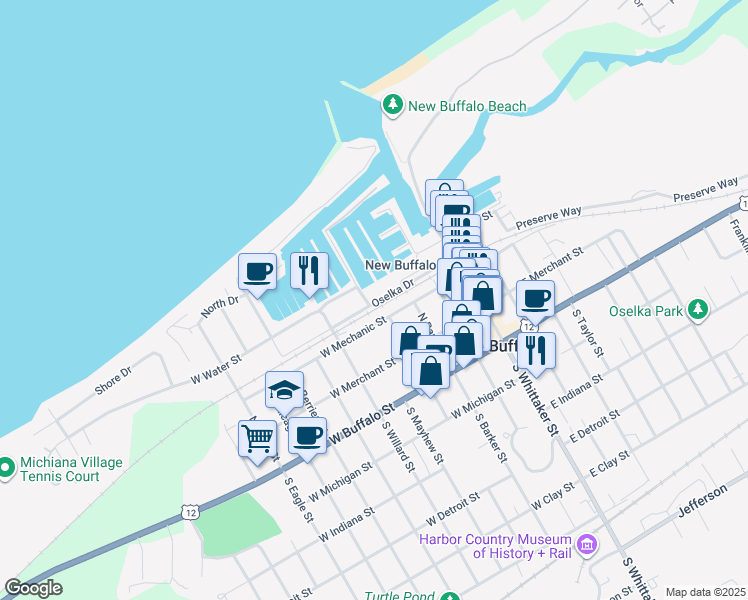 map of restaurants, bars, coffee shops, grocery stores, and more near 1 Harbor Isle Drive in New Buffalo