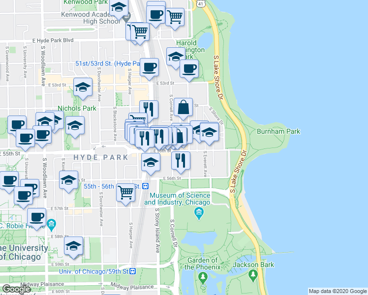 map of restaurants, bars, coffee shops, grocery stores, and more near in Chicago