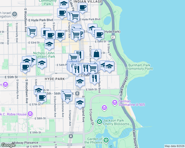 map of restaurants, bars, coffee shops, grocery stores, and more near 5465 South Cornell Avenue in Chicago