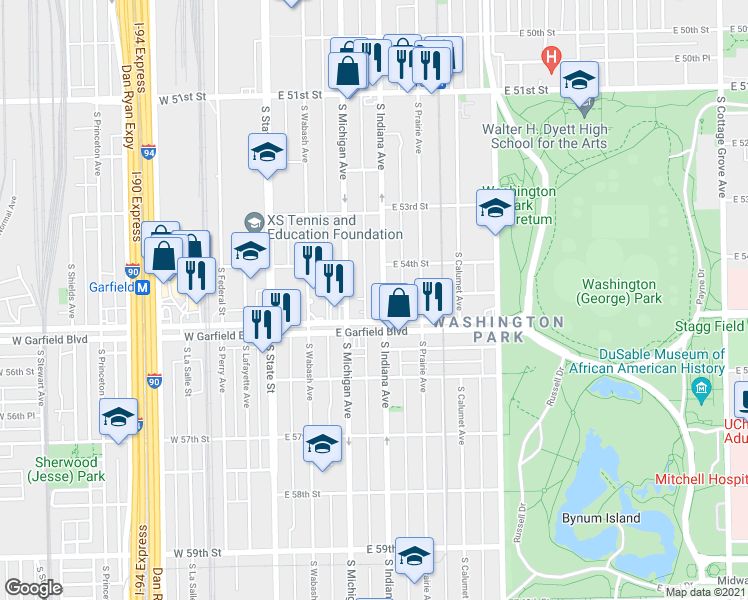 map of restaurants, bars, coffee shops, grocery stores, and more near 5412 South Indiana Avenue in Chicago
