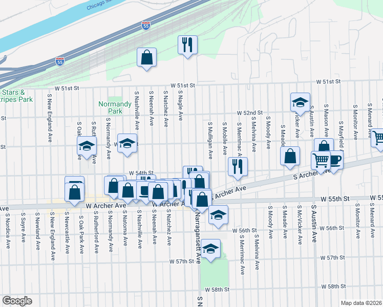 map of restaurants, bars, coffee shops, grocery stores, and more near 5301 South Nagle Avenue in Chicago