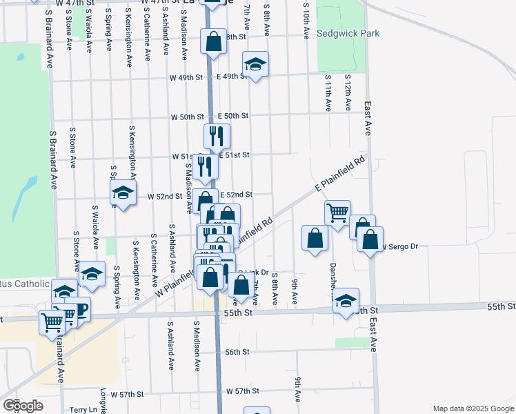 map of restaurants, bars, coffee shops, grocery stores, and more near 960 South 8th Avenue in La Grange