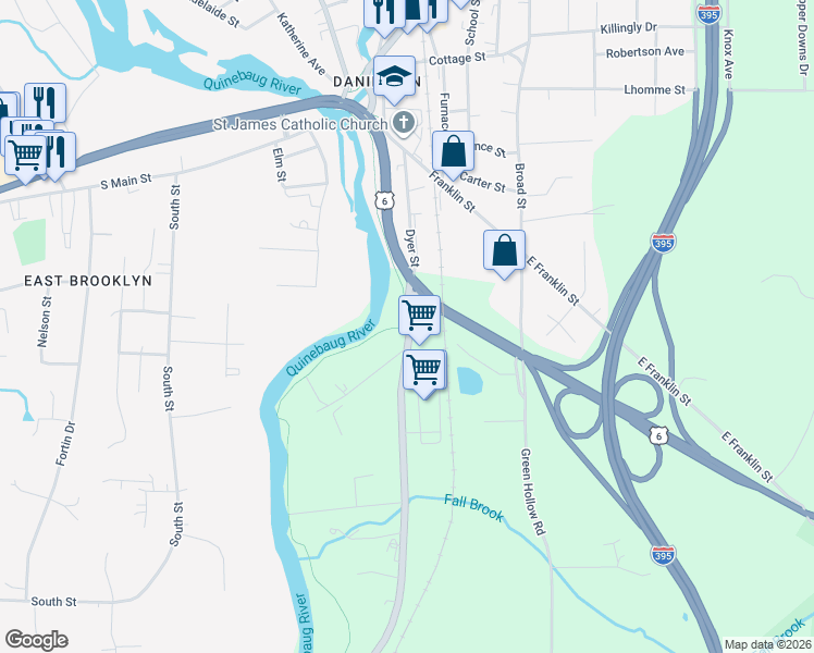 map of restaurants, bars, coffee shops, grocery stores, and more near 23 Quinebaug River Trail in Killingly