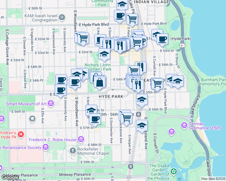map of restaurants, bars, coffee shops, grocery stores, and more near 1414 East Rochdale Place in Chicago