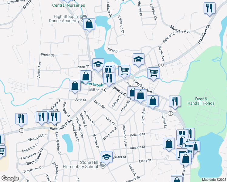 map of restaurants, bars, coffee shops, grocery stores, and more near 1418 Plainfield Street in Cranston