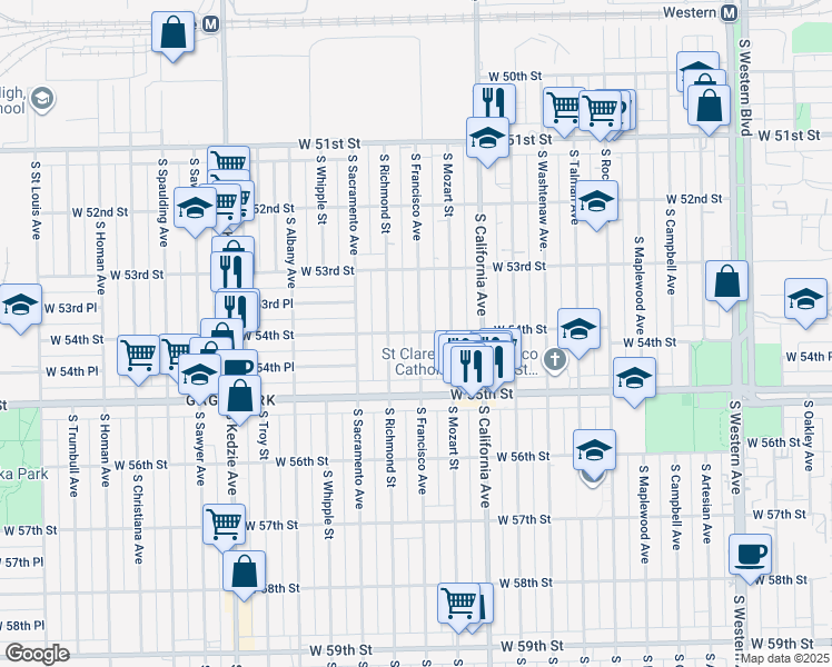map of restaurants, bars, coffee shops, grocery stores, and more near 5343 South Francisco Avenue in Chicago