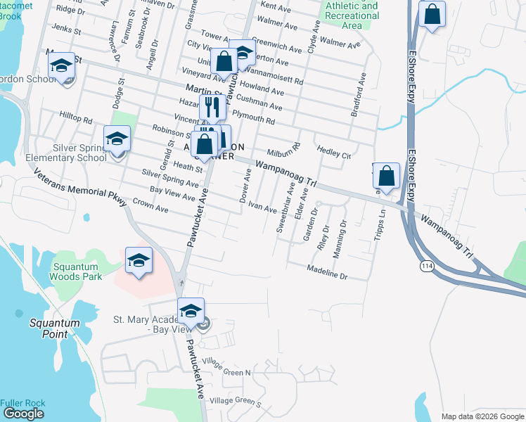 map of restaurants, bars, coffee shops, grocery stores, and more near 65 Ivan Avenue in East Providence
