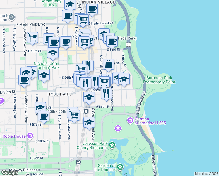 map of restaurants, bars, coffee shops, grocery stores, and more near 5496 South Hyde Park Boulevard in Chicago