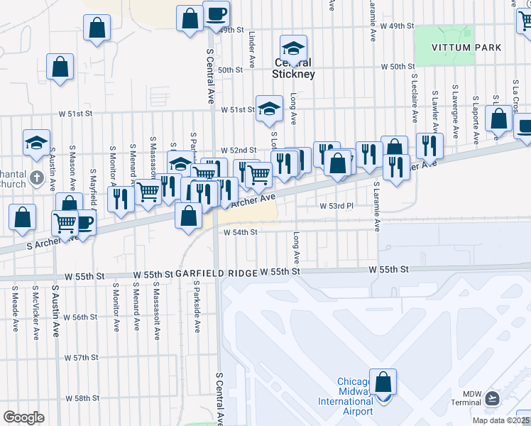 map of restaurants, bars, coffee shops, grocery stores, and more near 5829 South Archer Avenue in Chicago