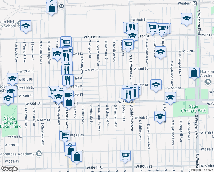 map of restaurants, bars, coffee shops, grocery stores, and more near South Richmond Street in Chicago