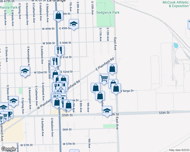 map of restaurants, bars, coffee shops, grocery stores, and more near 430-498 E Plainfield Rd in La Grange