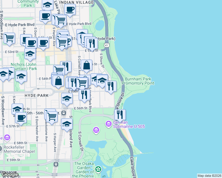 map of restaurants, bars, coffee shops, grocery stores, and more near 5494 South Shore Drive in Chicago
