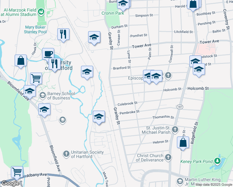 map of restaurants, bars, coffee shops, grocery stores, and more near 304 Granby Street in Hartford