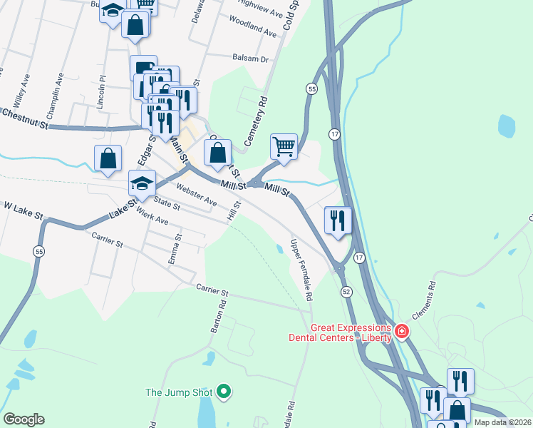 map of restaurants, bars, coffee shops, grocery stores, and more near 284 South Main Street in Liberty