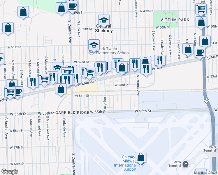 map of restaurants, bars, coffee shops, grocery stores, and more near 5317 Long Avenue in Chicago