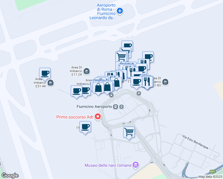 map of restaurants, bars, coffee shops, grocery stores, and more near in Fiumicino