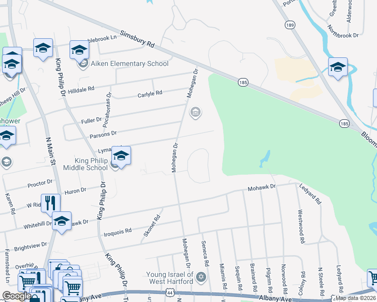 map of restaurants, bars, coffee shops, grocery stores, and more near 34 Seminole Circle in West Hartford
